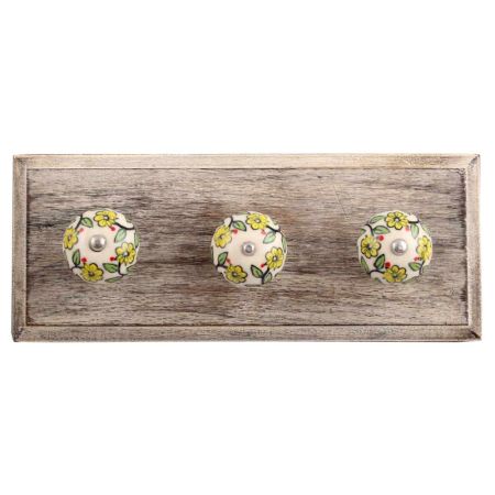 Green Leaf Floral Ceramic Wooden Hooks